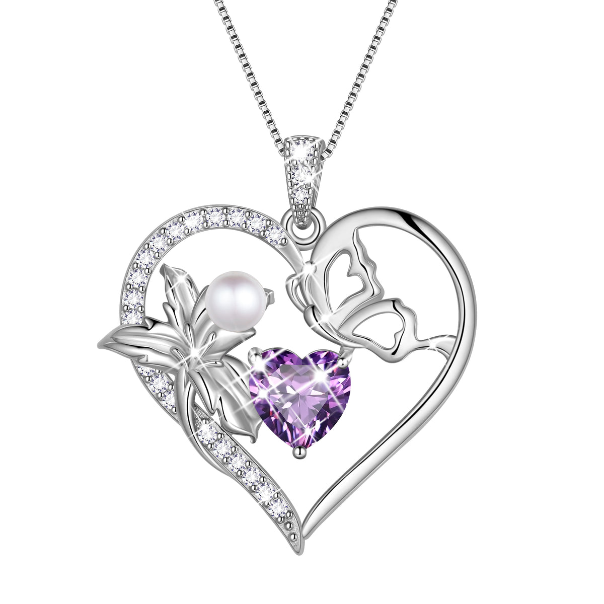 925 Sterling Silver Flower Heart Birthstone Necklace,Butterfly and Iris Pearl Pendant Necklace Birthday Valentine's Day Christmas Jewelry Gifts for Women / Mom / Lovers