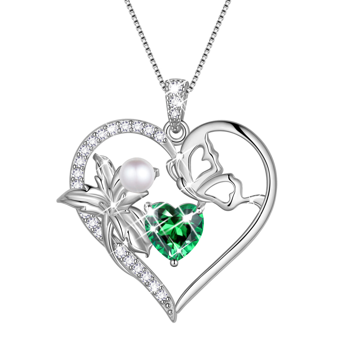 925 Sterling Silver Flower Heart Birthstone Necklace,Butterfly and Iris Pearl Pendant Necklace Birthday Valentine's Day Christmas Jewelry Gifts for Women / Mom / Lovers