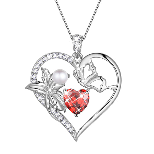 925 Sterling Silver Flower Heart Birthstone Necklace,Butterfly and Iris Pearl Pendant Necklace Birthday Valentine's Day Christmas Jewelry Gifts for Women / Mom / Lovers