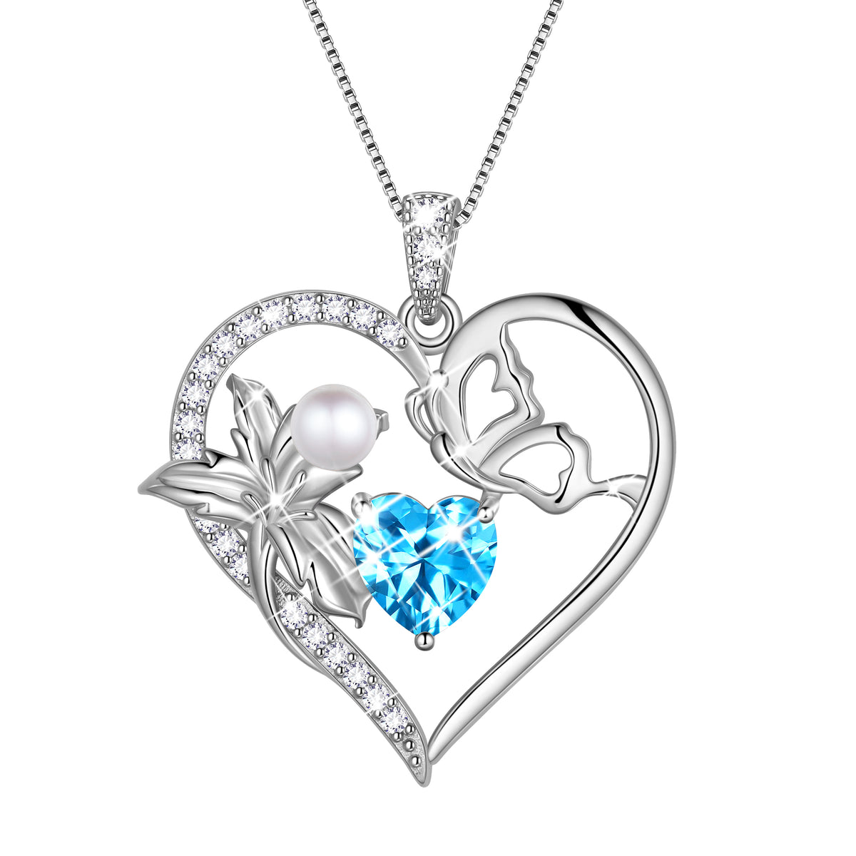 925 Sterling Silver Flower Heart Birthstone Necklace,Butterfly and Iris Pearl Pendant Necklace Birthday Valentine's Day Christmas Jewelry Gifts for Women / Mom / Lovers