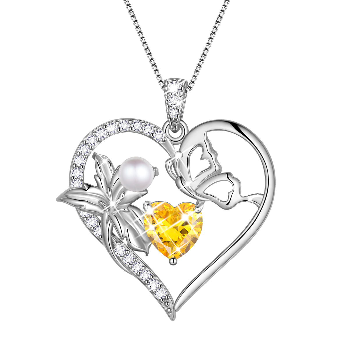 925 Sterling Silver Flower Heart Birthstone Necklace,Butterfly and Iris Pearl Pendant Necklace Birthday Valentine's Day Christmas Jewelry Gifts for Women / Mom / Lovers