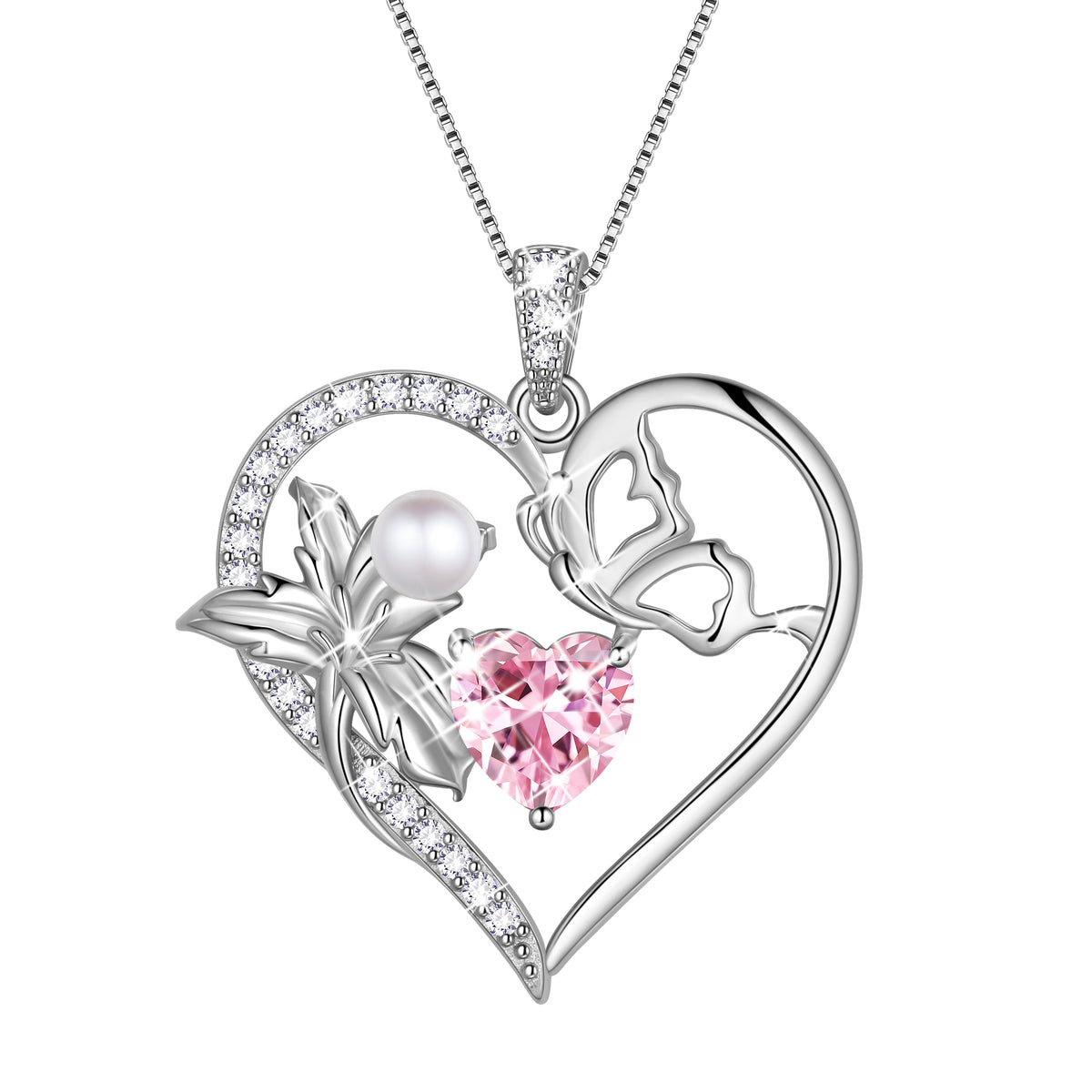 925 Sterling Silver Flower Heart Birthstone Necklace,Butterfly and Iris Pearl Pendant Necklace Birthday Valentine's Day Christmas Jewelry Gifts for Women / Mom / Lovers