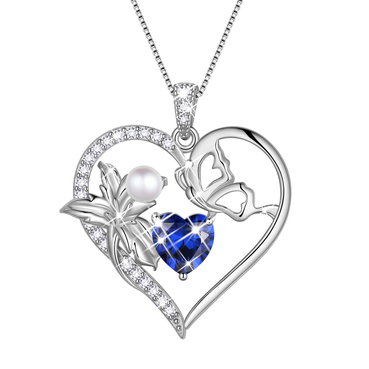 925 Sterling Silver Flower Heart Birthstone Necklace,Butterfly and Iris Pearl Pendant Necklace Birthday Valentine's Day Christmas Jewelry Gifts for Women / Mom / Lovers