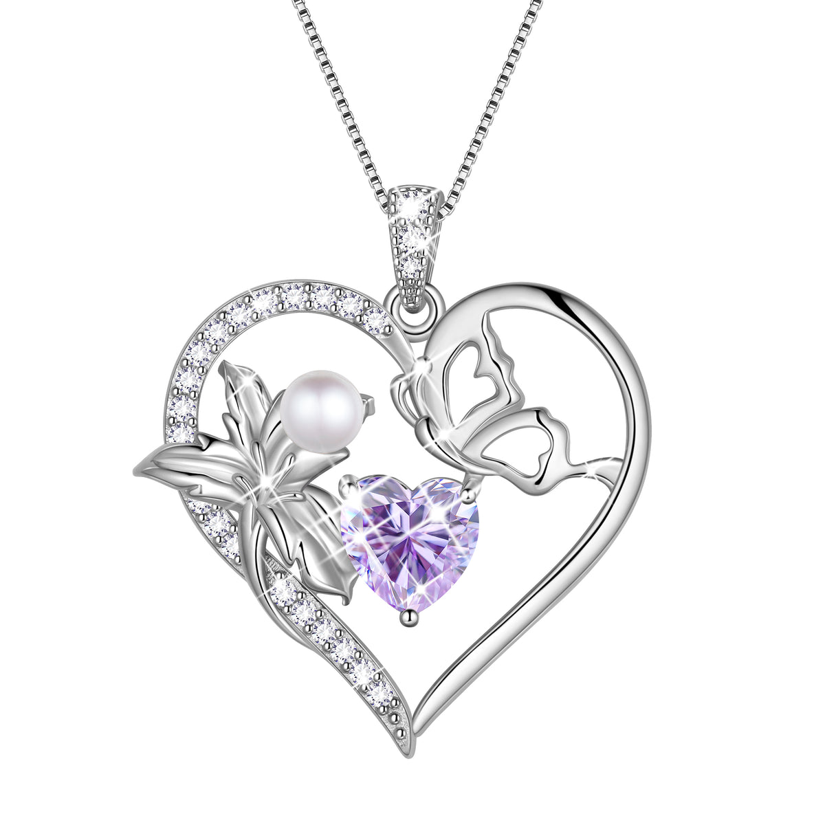 925 Sterling Silver Flower Heart Birthstone Necklace,Butterfly and Iris Pearl Pendant Necklace Birthday Valentine's Day Christmas Jewelry Gifts for Women / Mom / Lovers