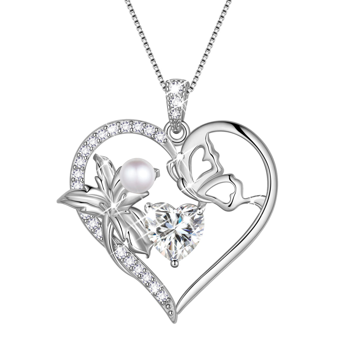 925 Sterling Silver Flower Heart Birthstone Necklace,Butterfly and Iris Pearl Pendant Necklace Birthday Valentine's Day Christmas Jewelry Gifts for Women / Mom / Lovers