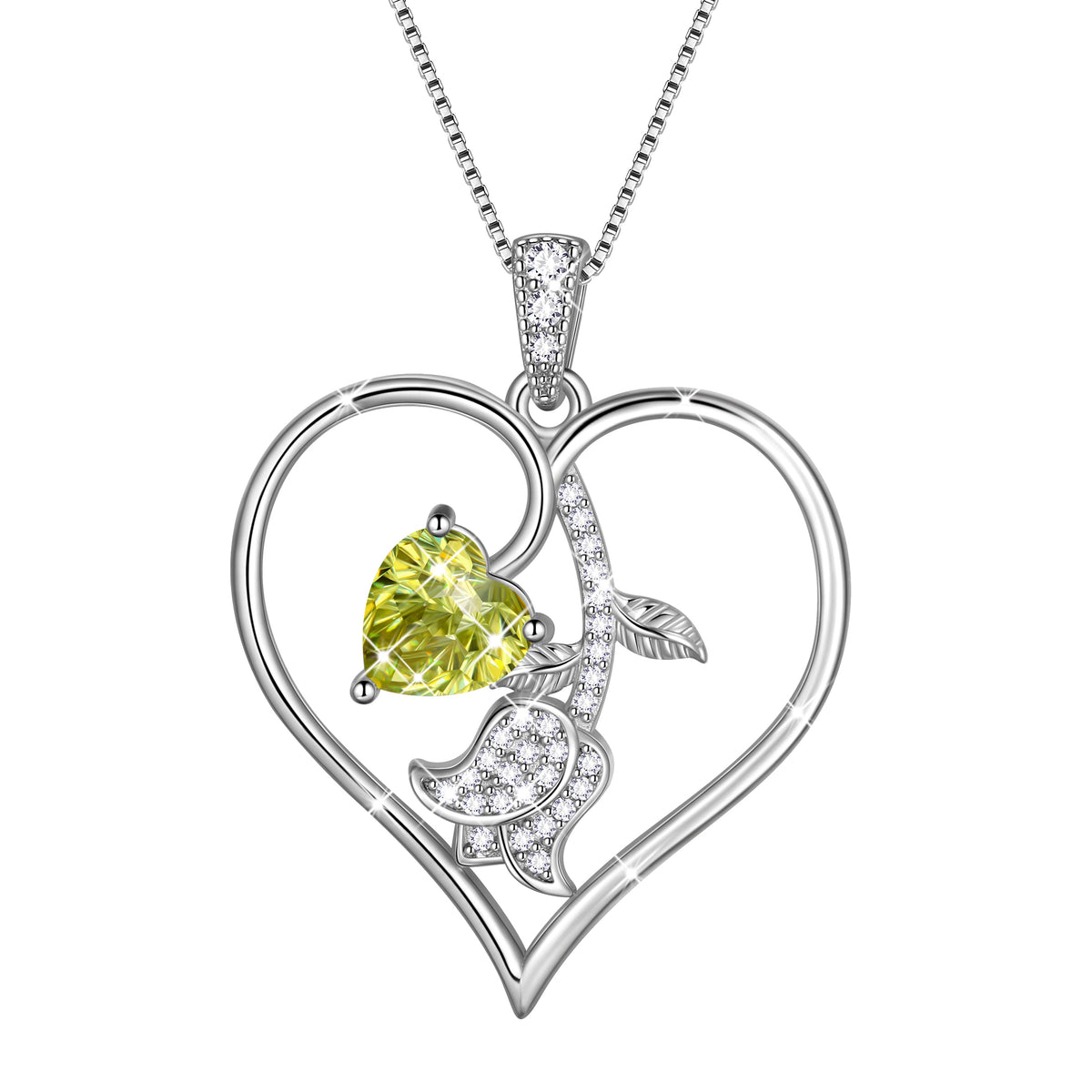 18K White Gold Plated Birthstone Heart Necklace for Women,CZ Heart Pendant with Tulip Floral,Jewelry Gift for Her Wife Mom Girlfriend, Birthday Valentine’s Day Mother’s Day Christmas Gift