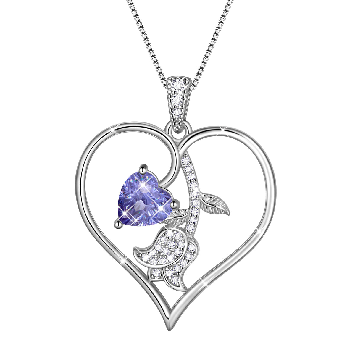 18K White Gold Plated Birthstone Heart Necklace for Women,CZ Heart Pendant with Tulip Floral,Jewelry Gift for Her Wife Mom Girlfriend, Birthday Valentine’s Day Mother’s Day Christmas Gift