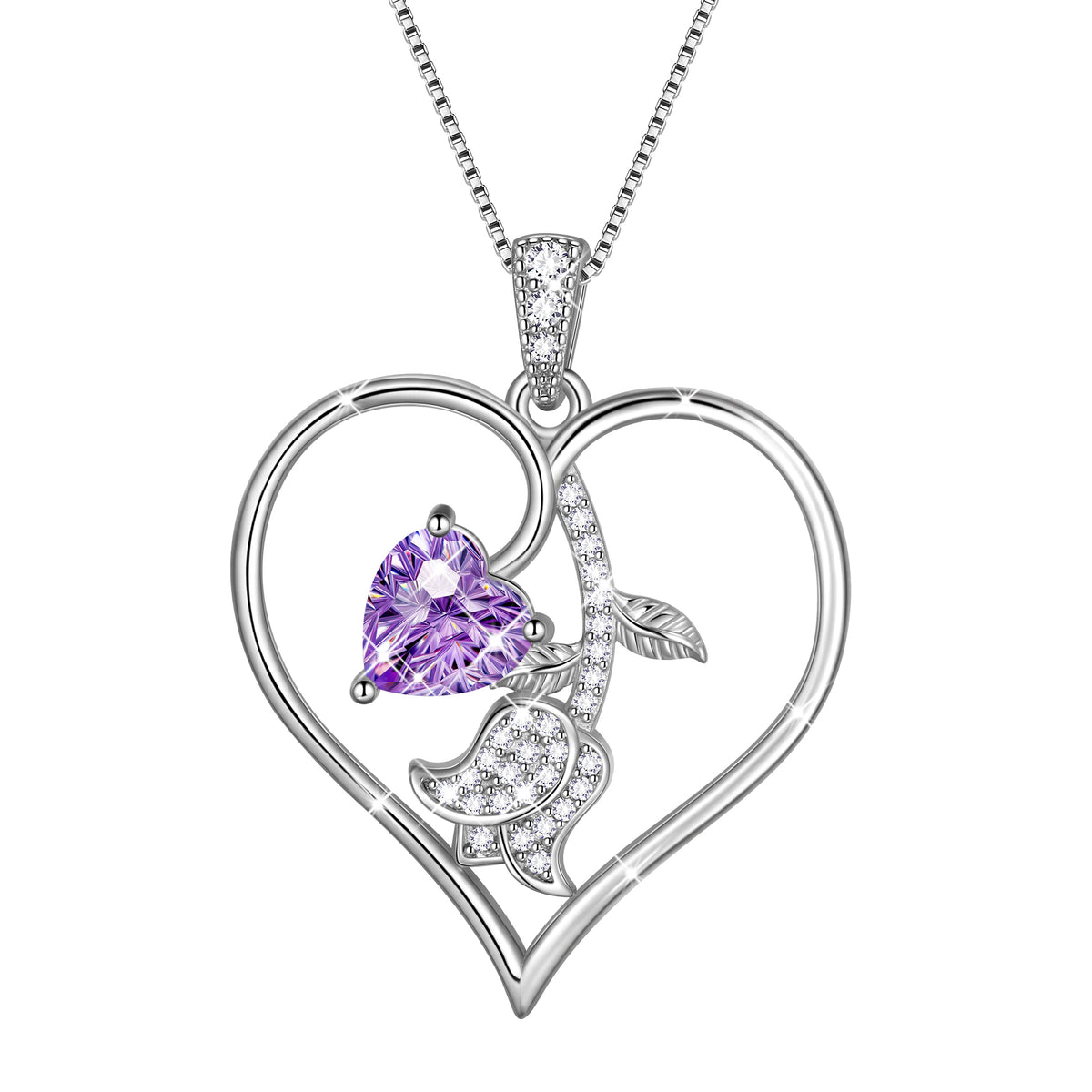 18K White Gold Plated Birthstone Heart Necklace for Women,CZ Heart Pendant with Tulip Floral,Jewelry Gift for Her Wife Mom Girlfriend, Birthday Valentine’s Day Mother’s Day Christmas Gift