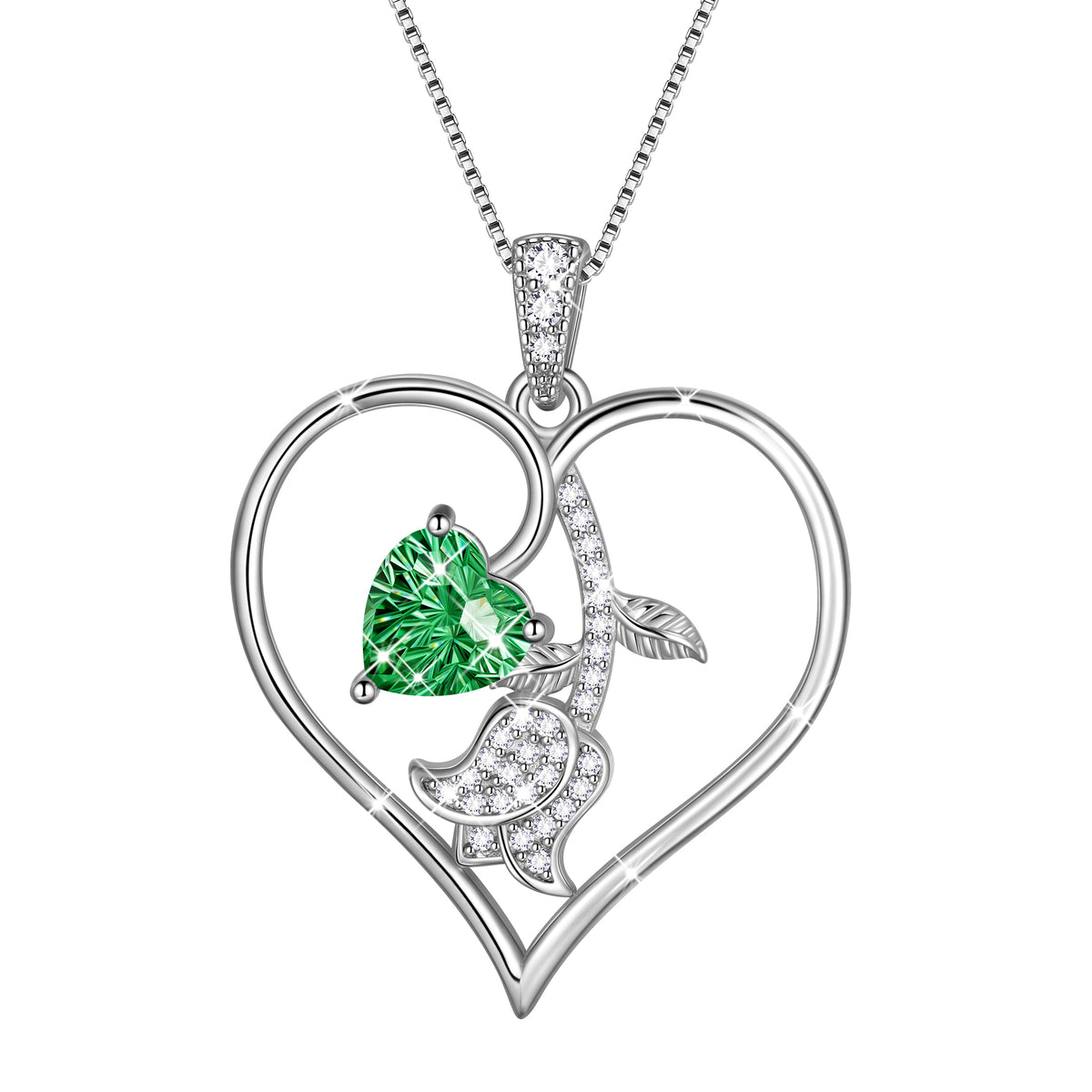 18K White Gold Plated Birthstone Heart Necklace for Women,CZ Heart Pendant with Tulip Floral,Jewelry Gift for Her Wife Mom Girlfriend, Birthday Valentine’s Day Mother’s Day Christmas Gift