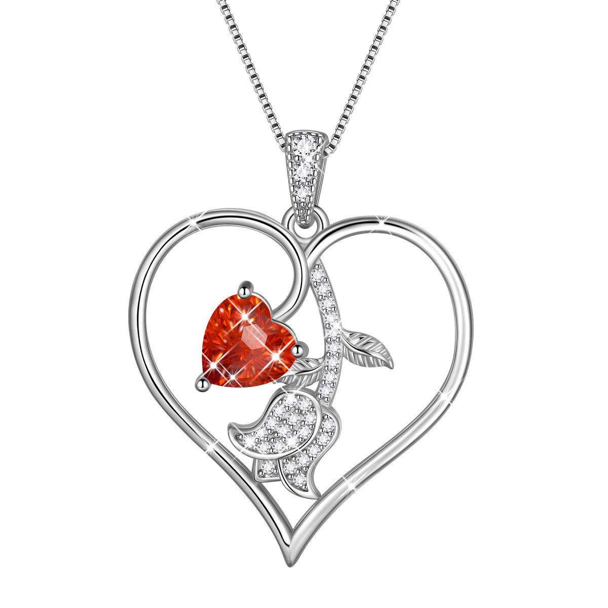 18K White Gold Plated Birthstone Heart Necklace for Women,CZ Heart Pendant with Tulip Floral,Jewelry Gift for Her Wife Mom Girlfriend, Birthday Valentine’s Day Mother’s Day Christmas Gift