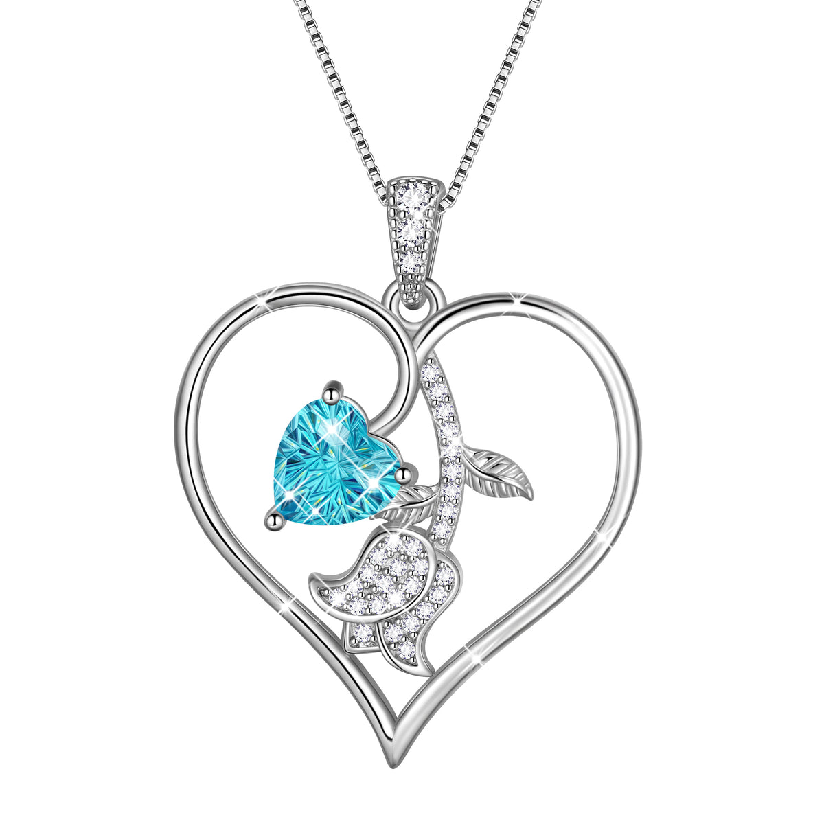 18K White Gold Plated Birthstone Heart Necklace for Women,CZ Heart Pendant with Tulip Floral,Jewelry Gift for Her Wife Mom Girlfriend, Birthday Valentine’s Day Mother’s Day Christmas Gift