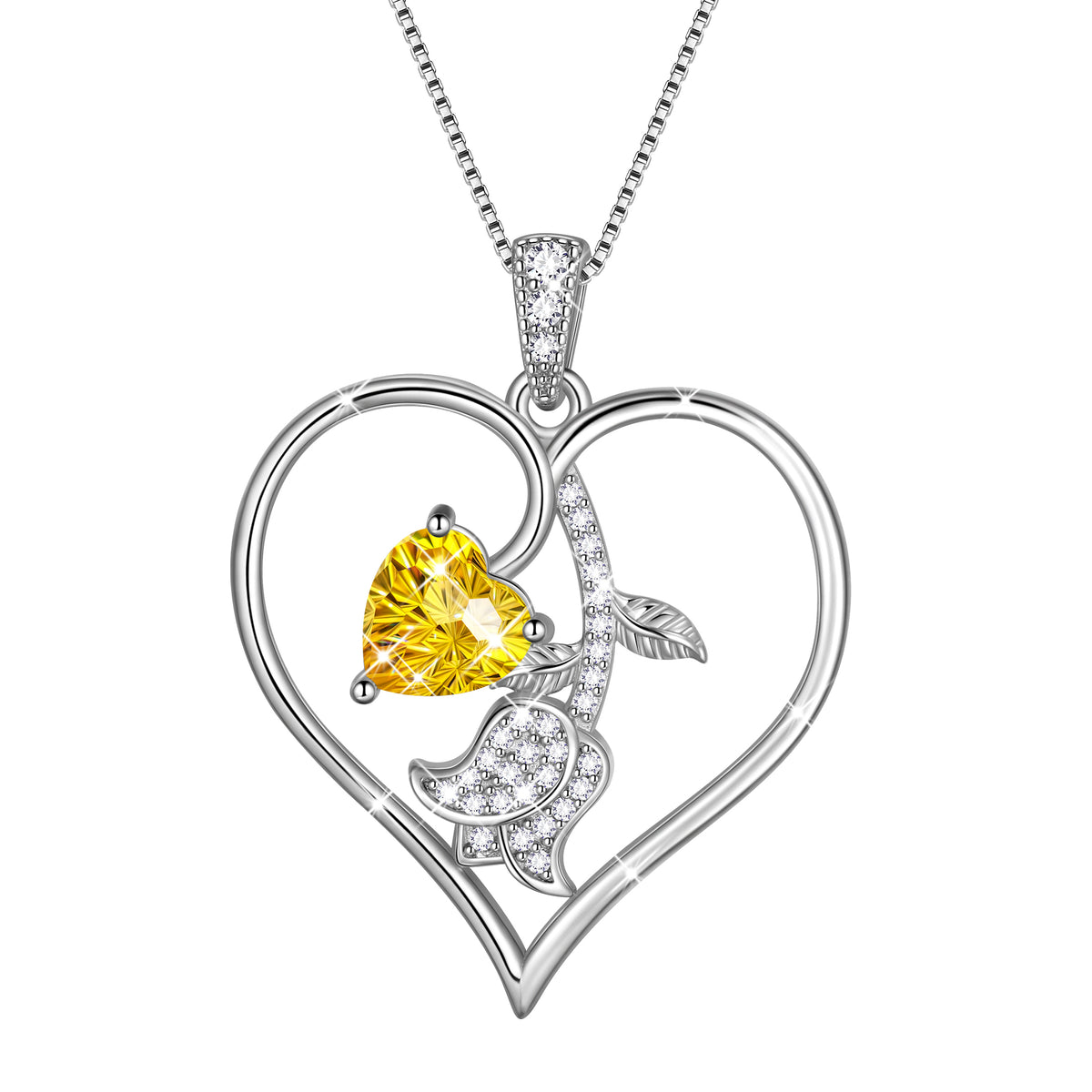 18K White Gold Plated Birthstone Heart Necklace for Women,CZ Heart Pendant with Tulip Floral,Jewelry Gift for Her Wife Mom Girlfriend, Birthday Valentine’s Day Mother’s Day Christmas Gift