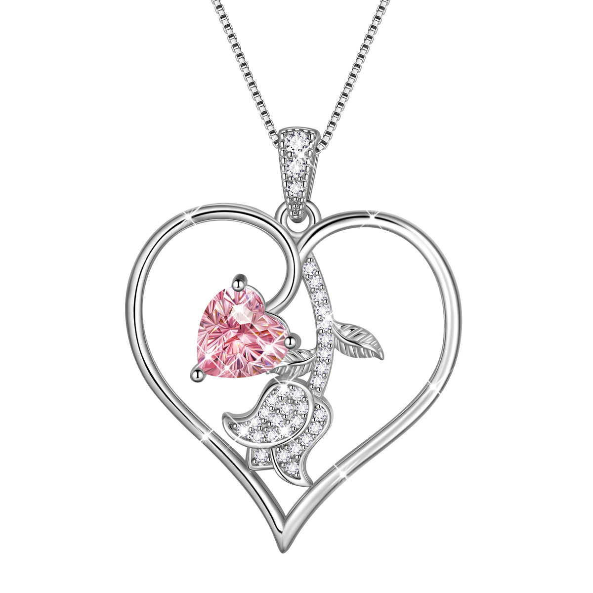 18K White Gold Plated Birthstone Heart Necklace for Women,CZ Heart Pendant with Tulip Floral,Jewelry Gift for Her Wife Mom Girlfriend, Birthday Valentine’s Day Mother’s Day Christmas Gift