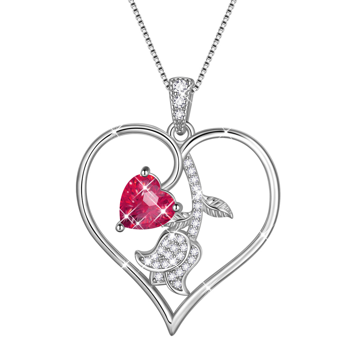 18K White Gold Plated Birthstone Heart Necklace for Women,CZ Heart Pendant with Tulip Floral,Jewelry Gift for Her Wife Mom Girlfriend, Birthday Valentine’s Day Mother’s Day Christmas Gift