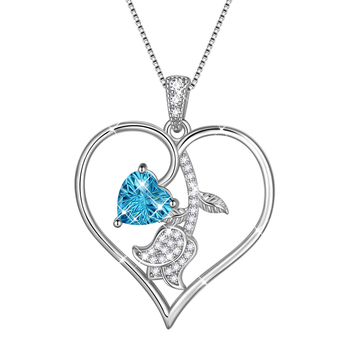 18K White Gold Plated Birthstone Heart Necklace for Women,CZ Heart Pendant with Tulip Floral,Jewelry Gift for Her Wife Mom Girlfriend, Birthday Valentine’s Day Mother’s Day Christmas Gift
