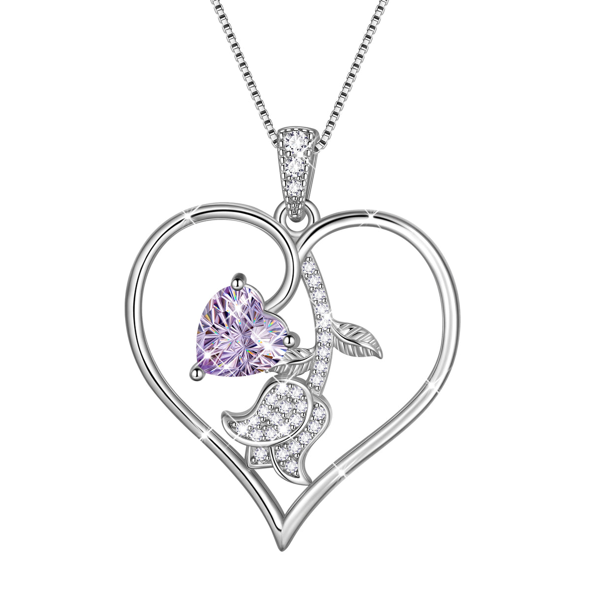 18K White Gold Plated Birthstone Heart Necklace for Women,CZ Heart Pendant with Tulip Floral,Jewelry Gift for Her Wife Mom Girlfriend, Birthday Valentine’s Day Mother’s Day Christmas Gift