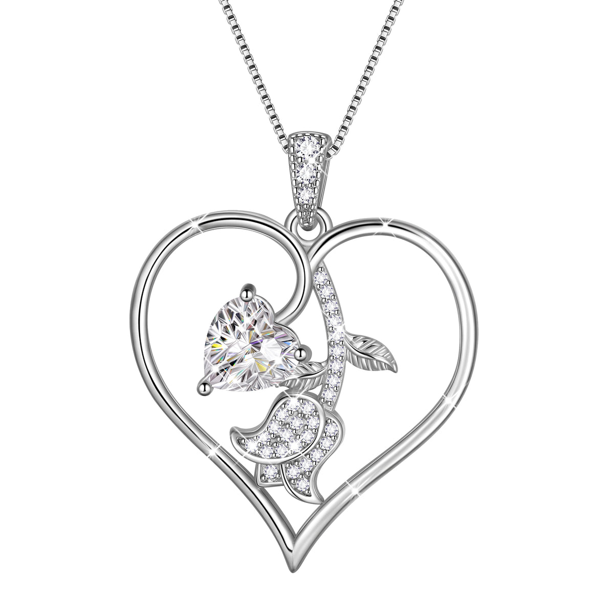 18K White Gold Plated Birthstone Heart Necklace for Women,CZ Heart Pendant with Tulip Floral,Jewelry Gift for Her Wife Mom Girlfriend, Birthday Valentine’s Day Mother’s Day Christmas Gift