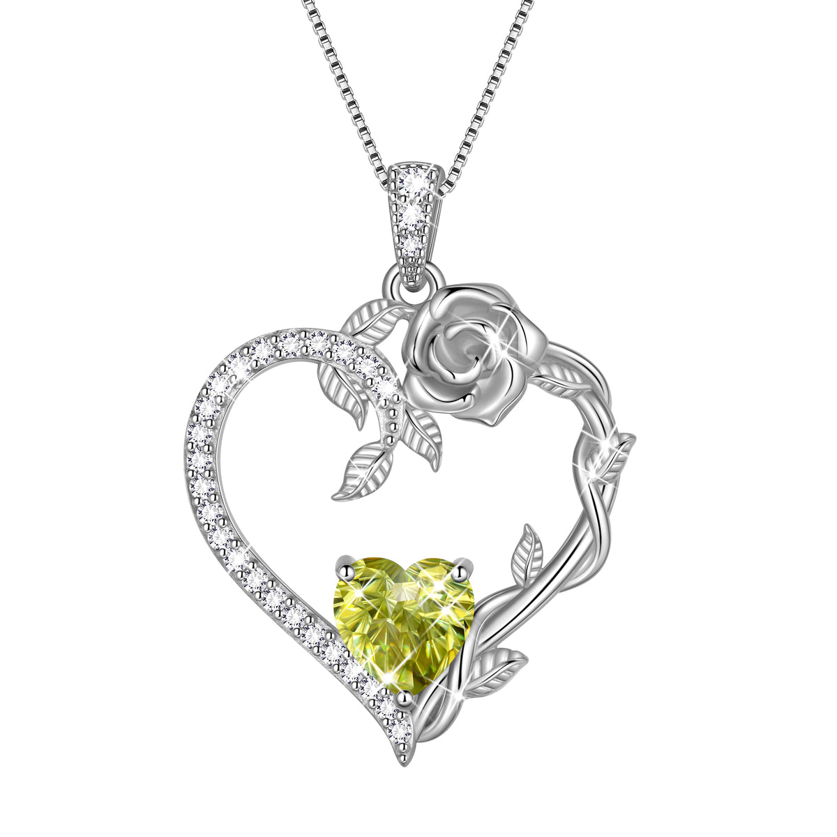 18K White Gold Plated Heart Rose Birthstone Necklace for Women,Crystal Pendant Jewelry Gift for Wife Mom Girlfriend,Birthday Valentine’s Day Mother’s Day Gift