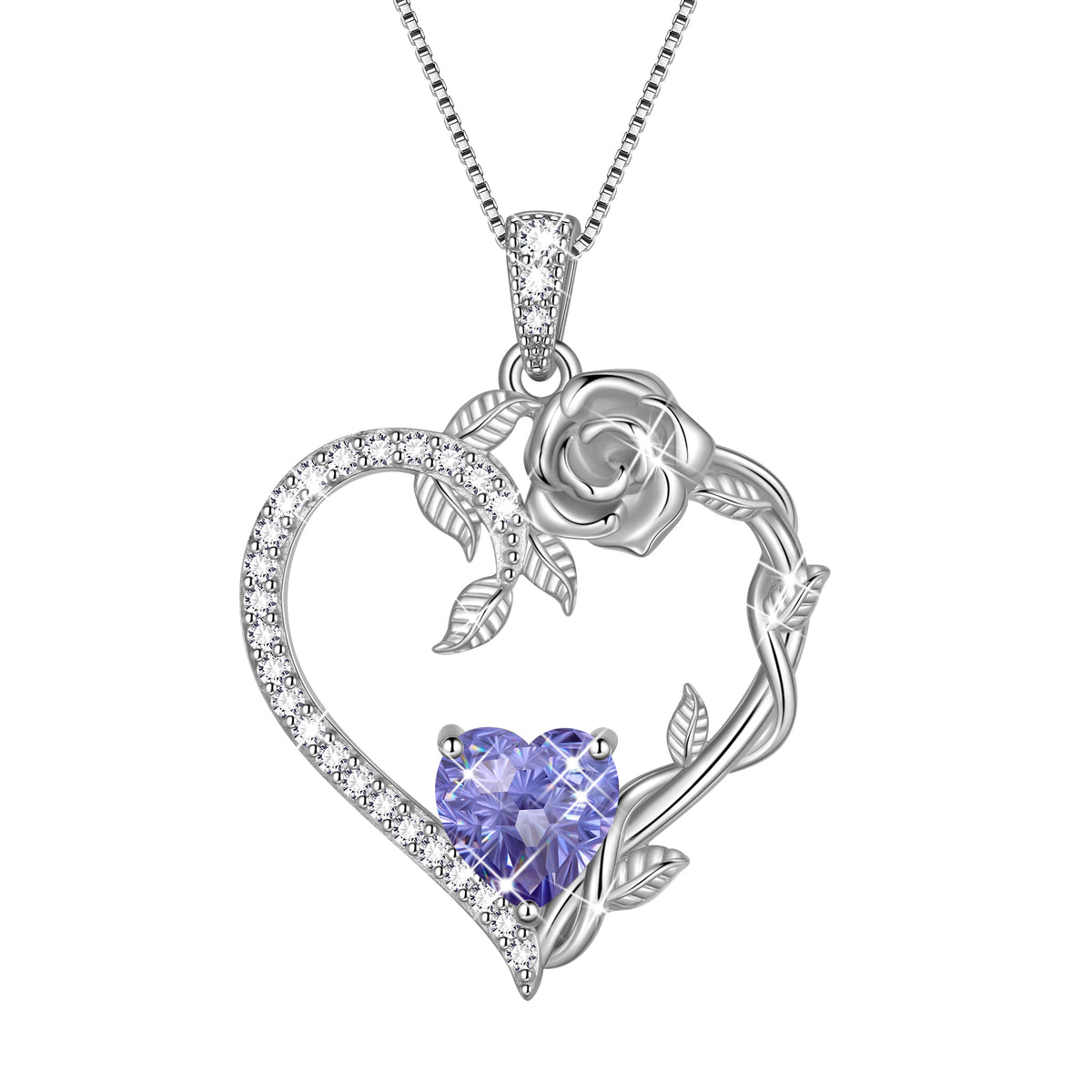 18K White Gold Plated Heart Rose Birthstone Necklace for Women,Crystal Pendant Jewelry Gift for Wife Mom Girlfriend,Birthday Valentine’s Day Mother’s Day Gift