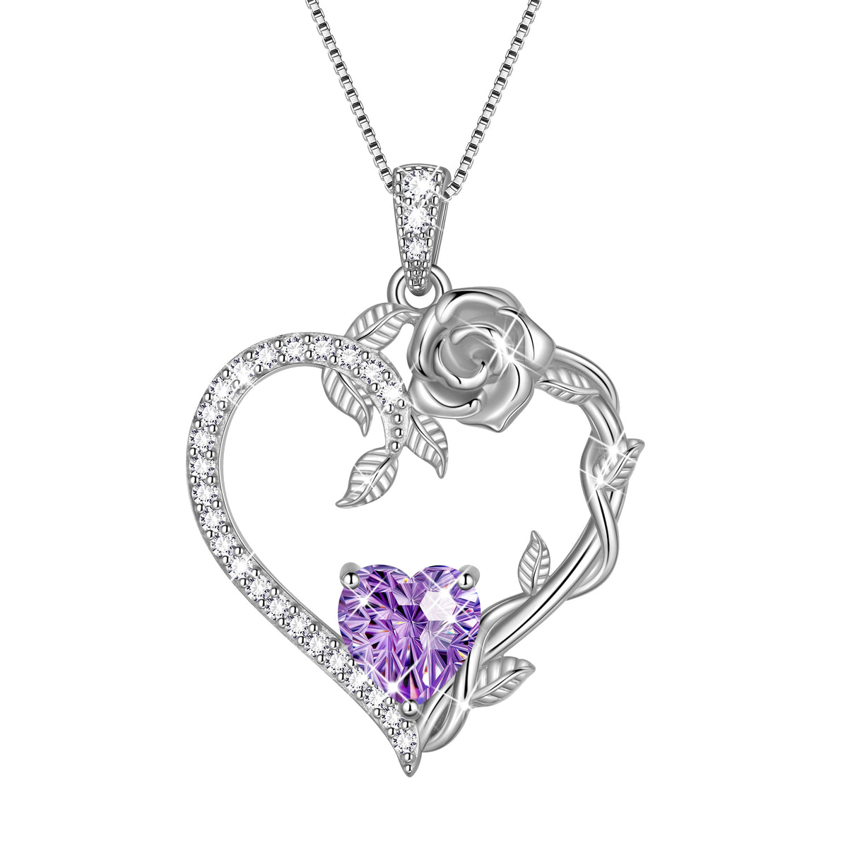 18K White Gold Plated Heart Rose Birthstone Necklace for Women,Crystal Pendant Jewelry Gift for Wife Mom Girlfriend,Birthday Valentine’s Day Mother’s Day Gift