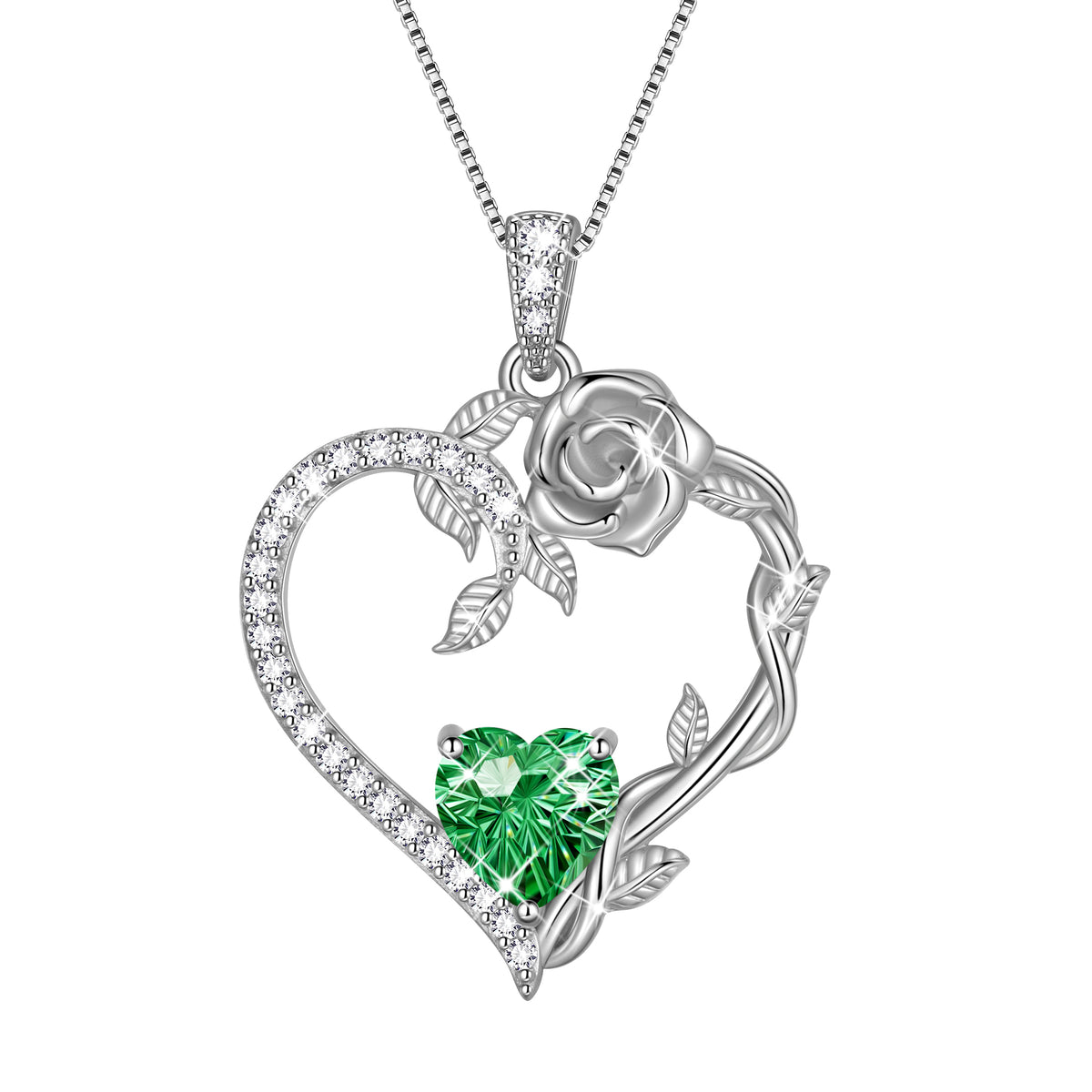 18K White Gold Plated Heart Rose Birthstone Necklace for Women,Crystal Pendant Jewelry Gift for Wife Mom Girlfriend,Birthday Valentine’s Day Mother’s Day Gift