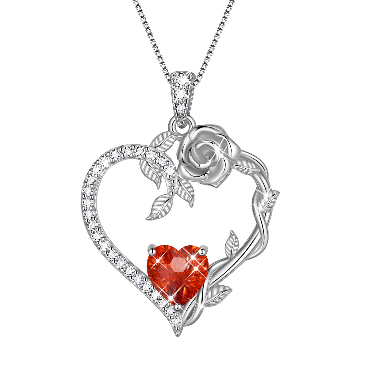18K White Gold Plated Heart Rose Birthstone Necklace for Women,Crystal Pendant Jewelry Gift for Wife Mom Girlfriend,Birthday Valentine’s Day Mother’s Day Gift