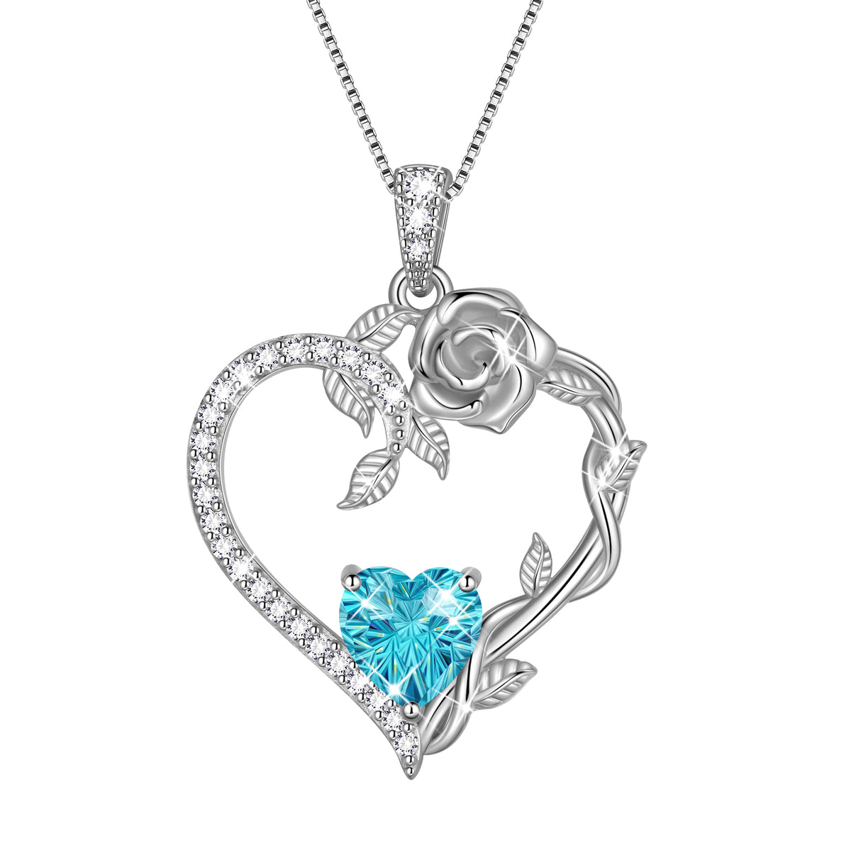 18K White Gold Plated Heart Rose Birthstone Necklace for Women,Crystal Pendant Jewelry Gift for Wife Mom Girlfriend,Birthday Valentine’s Day Mother’s Day Gift