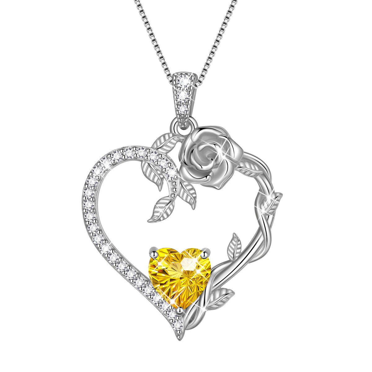 18K White Gold Plated Heart Rose Birthstone Necklace for Women,Crystal Pendant Jewelry Gift for Wife Mom Girlfriend,Birthday Valentine’s Day Mother’s Day Gift