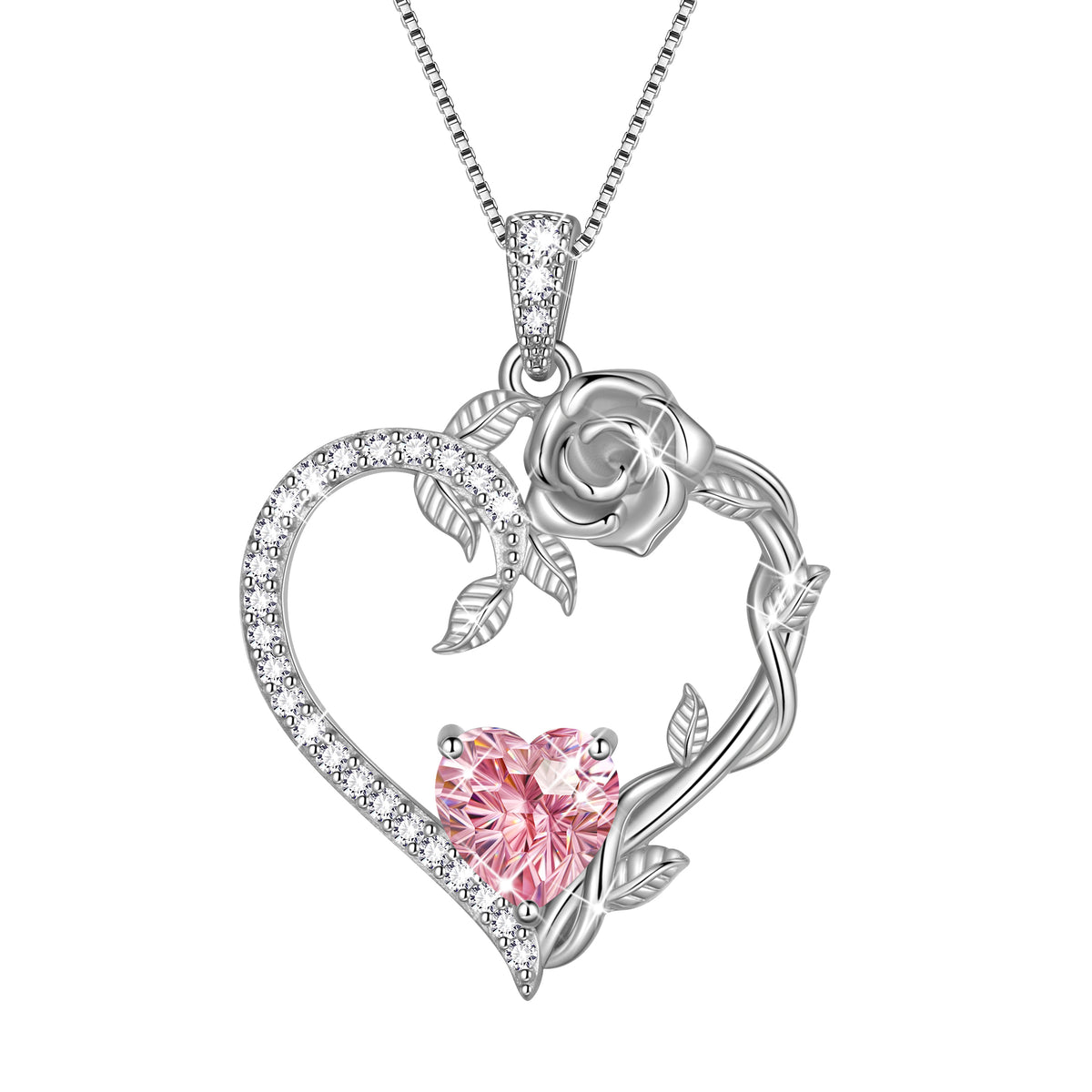 18K White Gold Plated Heart Rose Birthstone Necklace for Women,Crystal Pendant Jewelry Gift for Wife Mom Girlfriend,Birthday Valentine’s Day Mother’s Day Gift