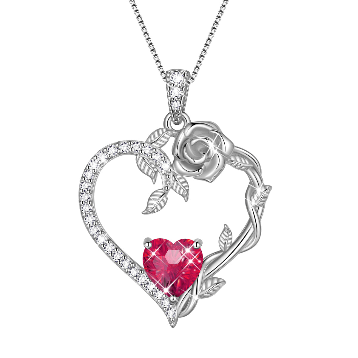 18K White Gold Plated Heart Rose Birthstone Necklace for Women,Crystal Pendant Jewelry Gift for Wife Mom Girlfriend,Birthday Valentine’s Day Mother’s Day Gift