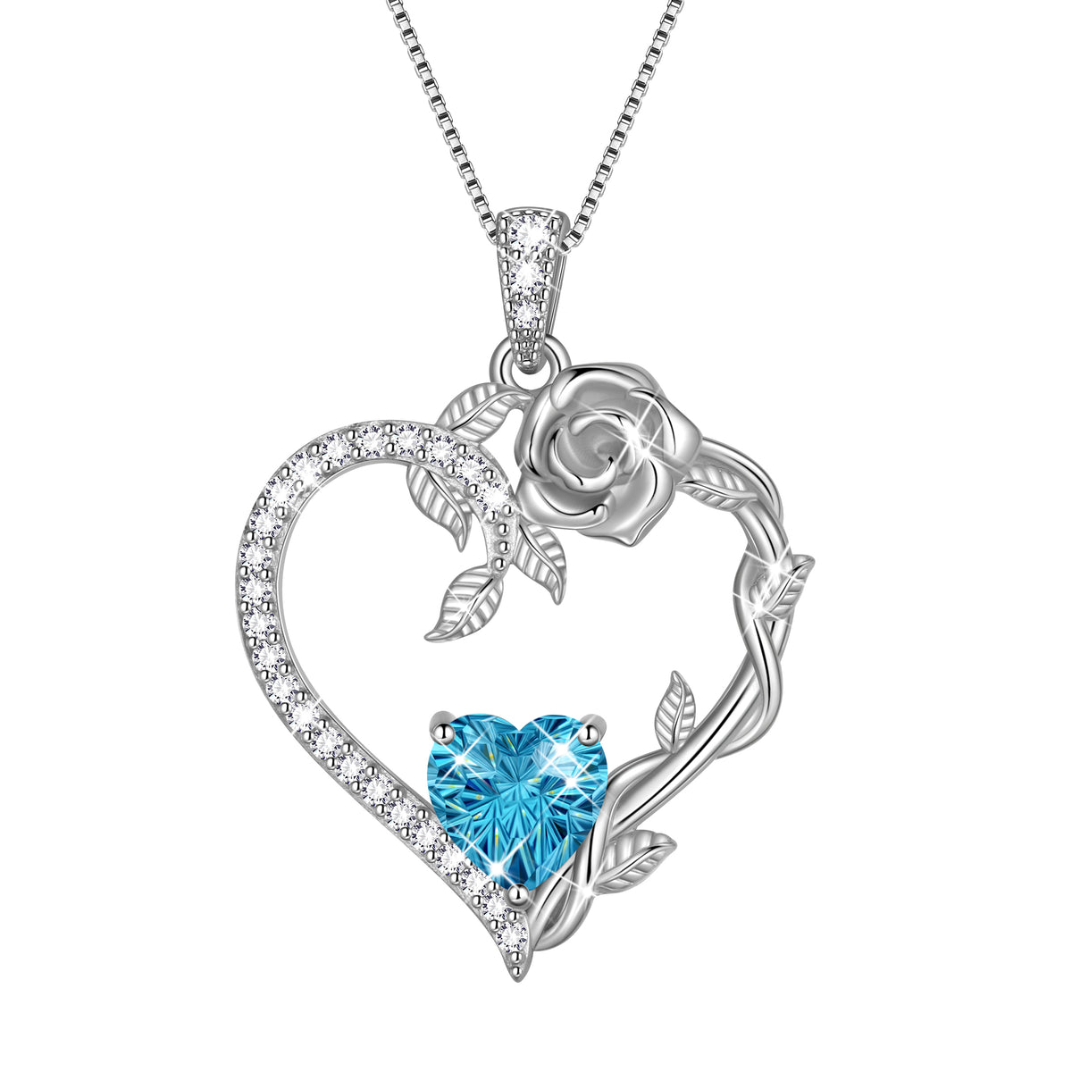 18K White Gold Plated Heart Rose Birthstone Necklace for Women,Crystal Pendant Jewelry Gift for Wife Mom Girlfriend,Birthday Valentine’s Day Mother’s Day Gift