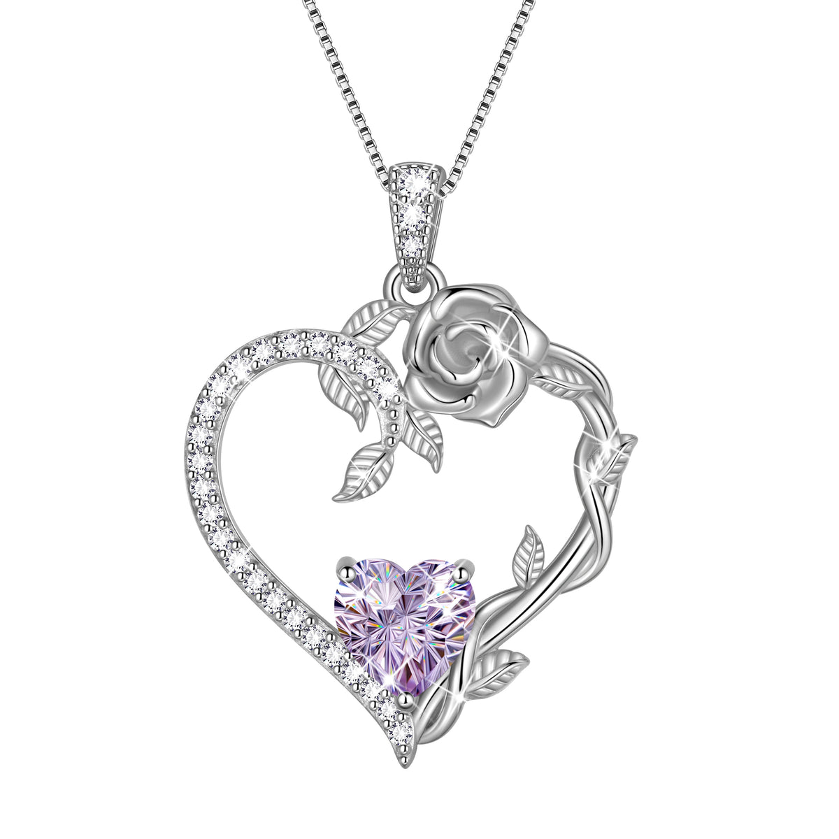 18K White Gold Plated Heart Rose Birthstone Necklace for Women,Crystal Pendant Jewelry Gift for Wife Mom Girlfriend,Birthday Valentine’s Day Mother’s Day Gift