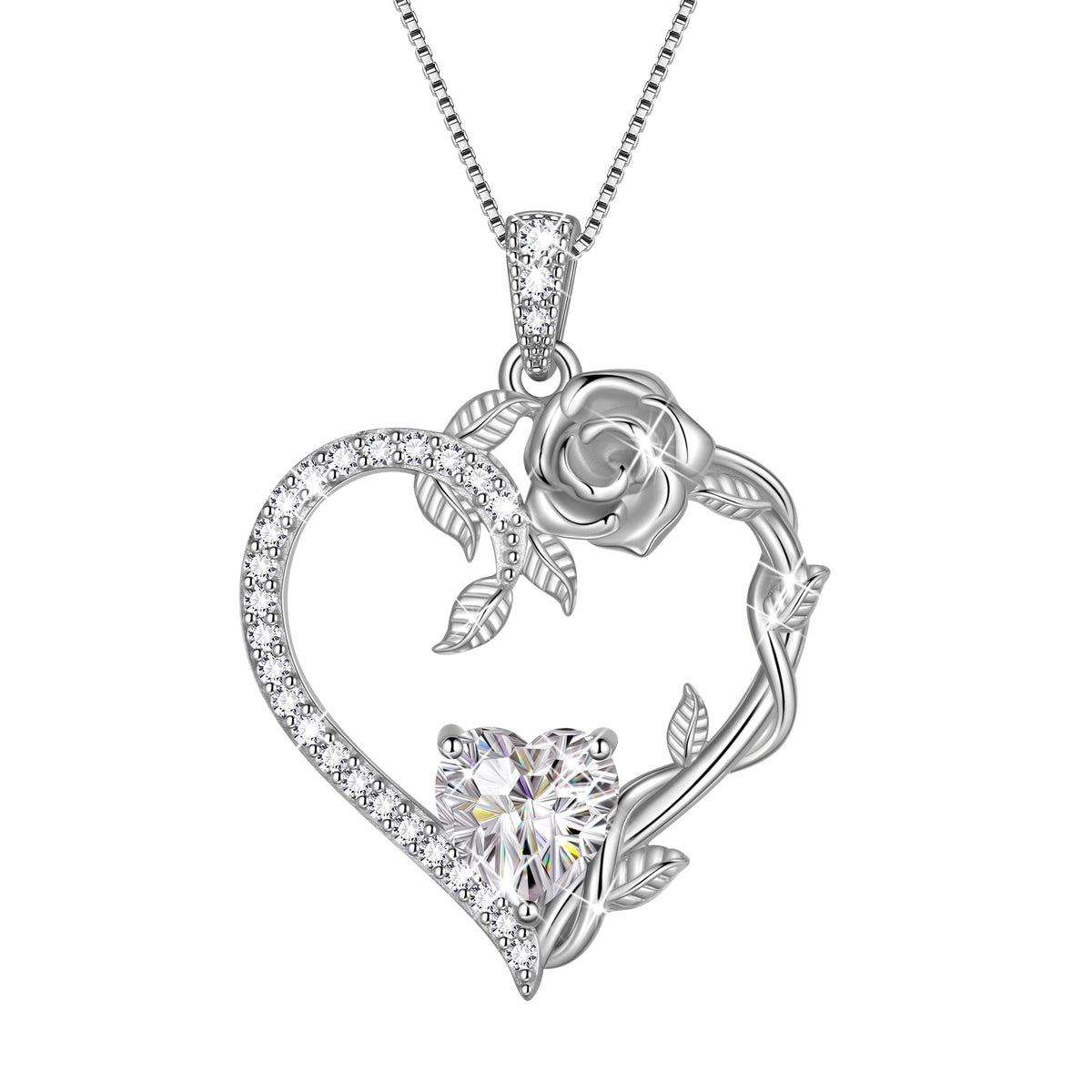 18K White Gold Plated Heart Rose Birthstone Necklace for Women,Crystal Pendant Jewelry Gift for Wife Mom Girlfriend,Birthday Valentine’s Day Mother’s Day Gift