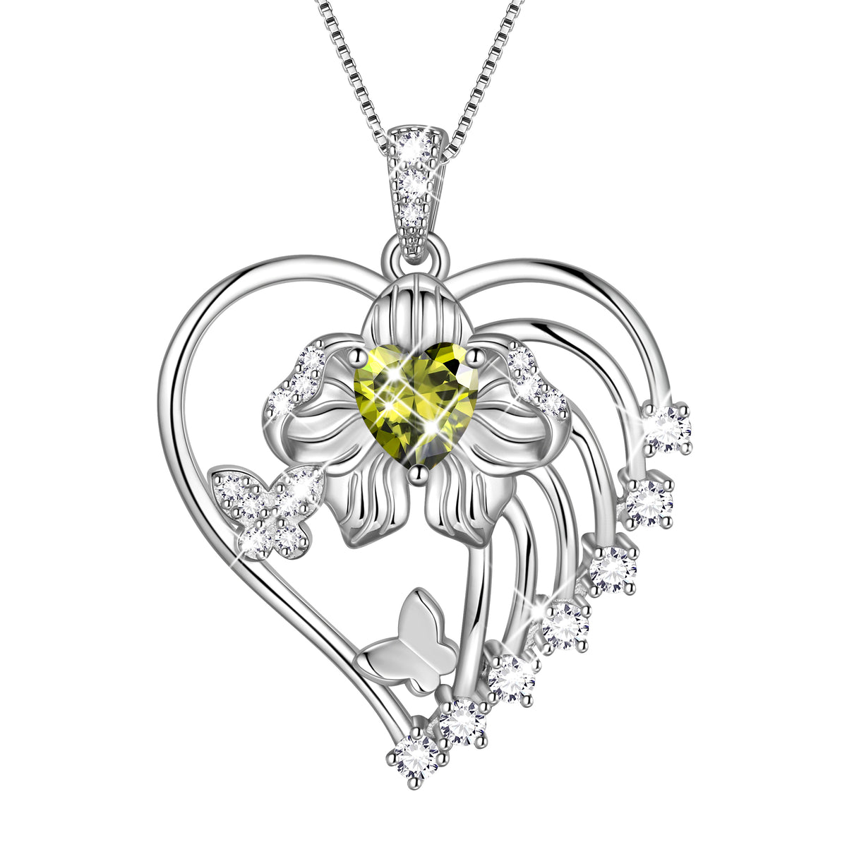 18K White Gold Plated Heart Birthstone Necklace for Women,Orchid Butterfly Pendant Jewelry Gift for Wife Mom Girlfriend,Birthday Valentine’s Day Mother’s Day Gift