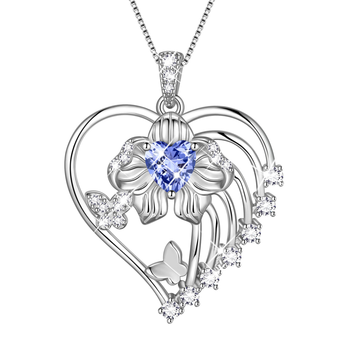 18K White Gold Plated Heart Birthstone Necklace for Women,Orchid Butterfly Pendant Jewelry Gift for Wife Mom Girlfriend,Birthday Valentine’s Day Mother’s Day Gift