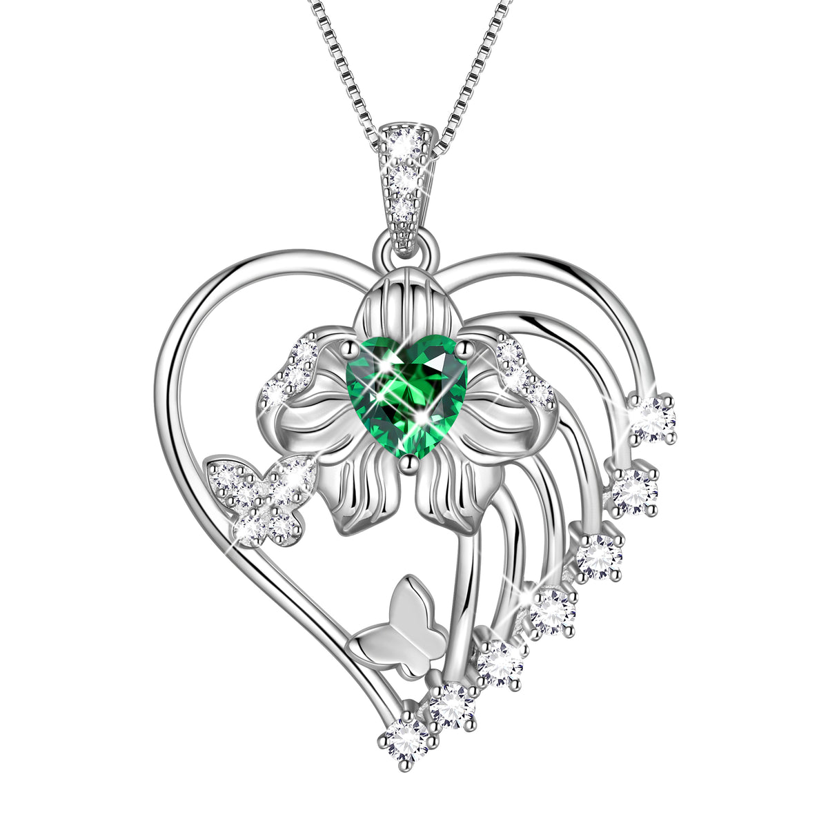 18K White Gold Plated Heart Birthstone Necklace for Women,Orchid Butterfly Pendant Jewelry Gift for Wife Mom Girlfriend,Birthday Valentine’s Day Mother’s Day Gift