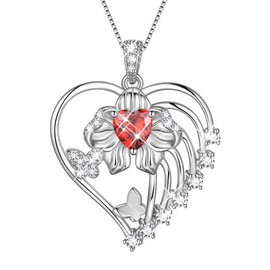18K White Gold Plated Heart Birthstone Necklace for Women,Orchid Butterfly Pendant Jewelry Gift for Wife Mom Girlfriend,Birthday Valentine’s Day Mother’s Day Gift