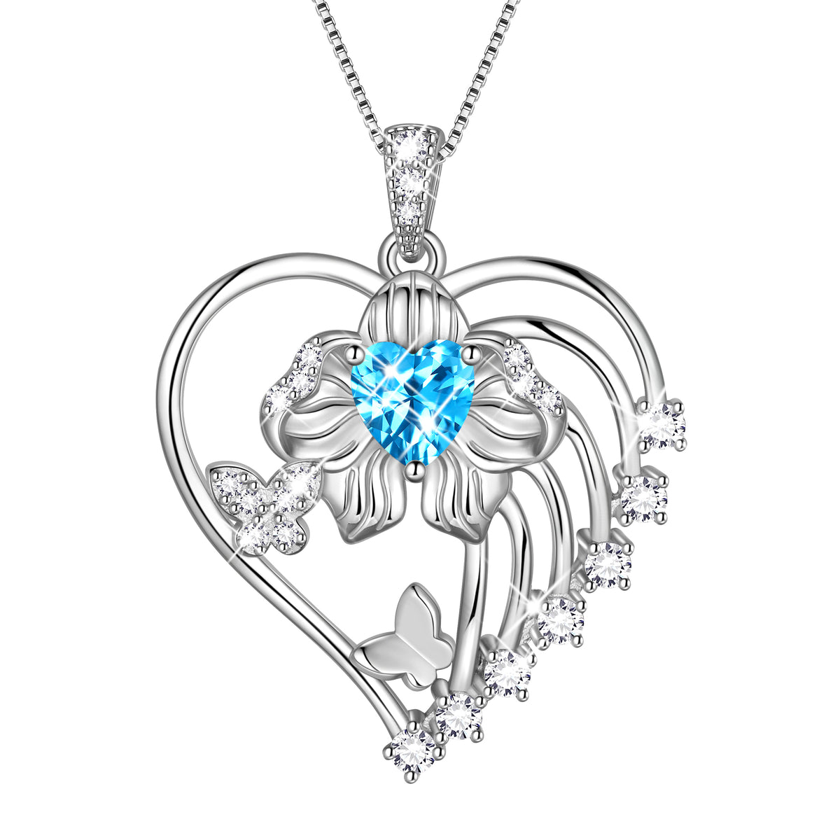 18K White Gold Plated Heart Birthstone Necklace for Women,Orchid Butterfly Pendant Jewelry Gift for Wife Mom Girlfriend,Birthday Valentine’s Day Mother’s Day Gift