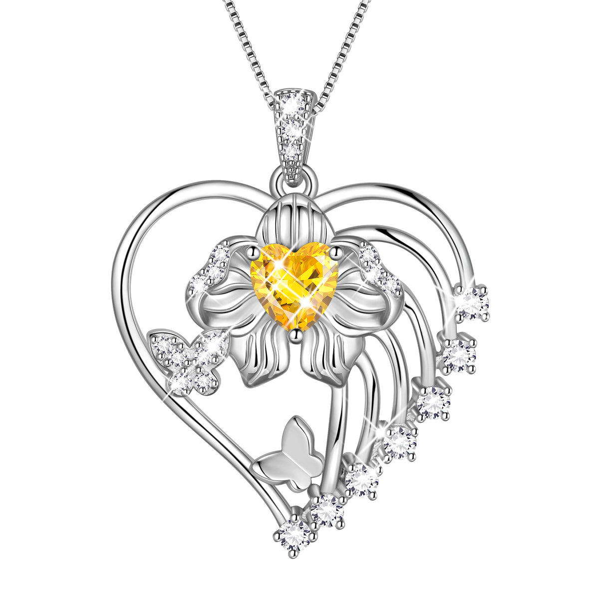 18K White Gold Plated Heart Birthstone Necklace for Women,Orchid Butterfly Pendant Jewelry Gift for Wife Mom Girlfriend,Birthday Valentine’s Day Mother’s Day Gift