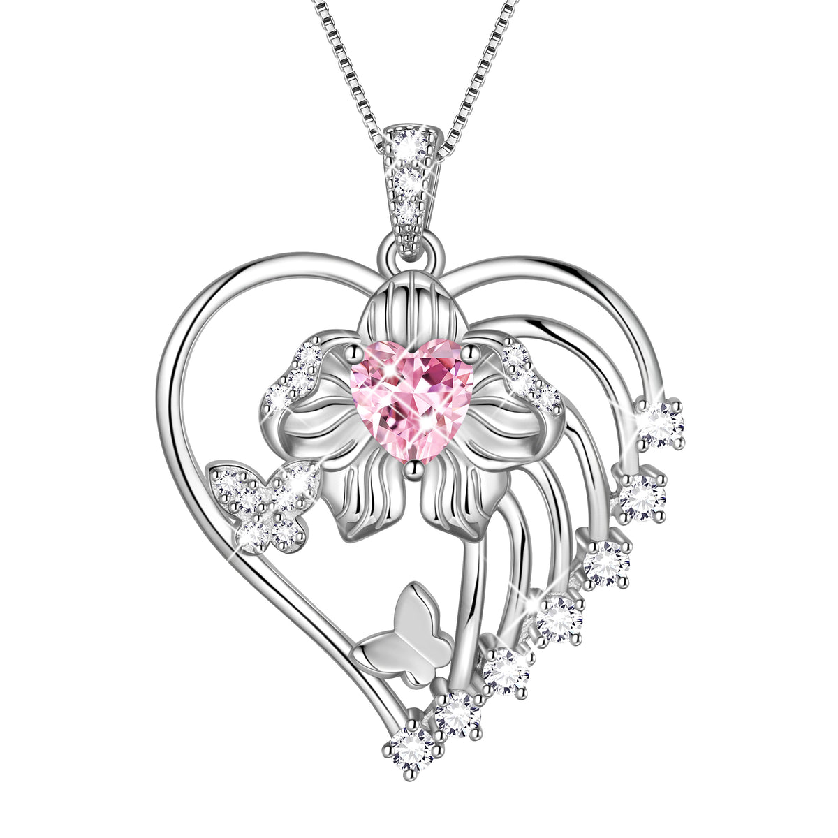 18K White Gold Plated Heart Birthstone Necklace for Women,Orchid Butterfly Pendant Jewelry Gift for Wife Mom Girlfriend,Birthday Valentine’s Day Mother’s Day Gift