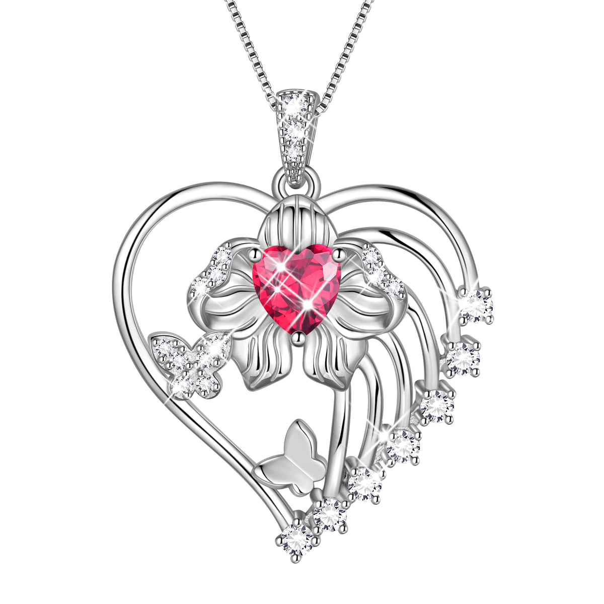 18K White Gold Plated Heart Birthstone Necklace for Women,Orchid Butterfly Pendant Jewelry Gift for Wife Mom Girlfriend,Birthday Valentine’s Day Mother’s Day Gift