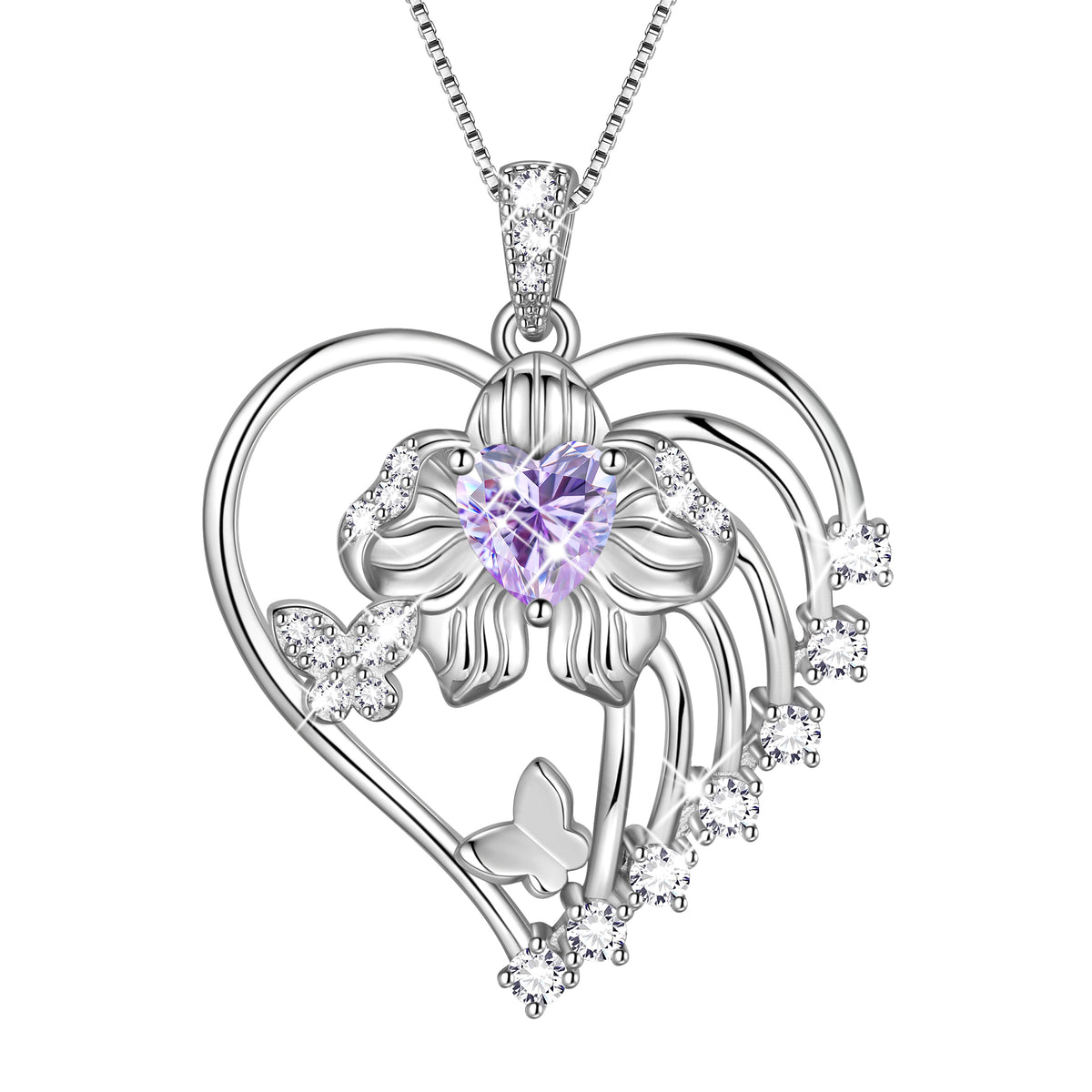18K White Gold Plated Heart Birthstone Necklace for Women,Orchid Butterfly Pendant Jewelry Gift for Wife Mom Girlfriend,Birthday Valentine’s Day Mother’s Day Gift