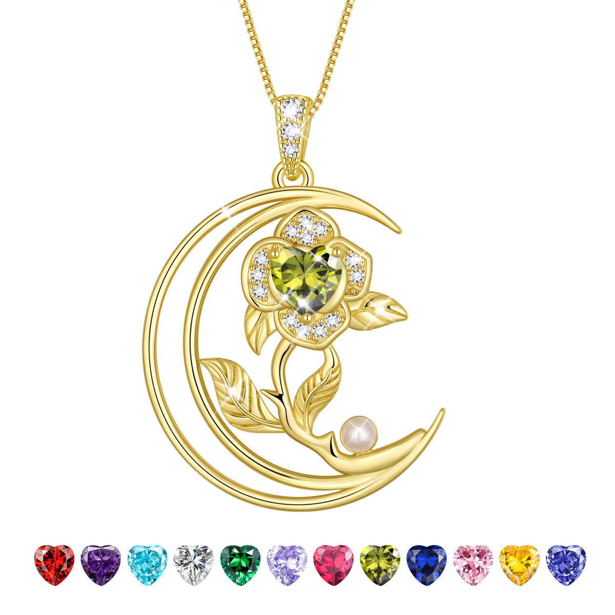 eart Flower Necklace for Women,18K White Gold Plated S925 Sterling Silver Heart Moon Birthstone Pearl Pendant Jewelry Gift for Wife Mom Girlfriend,Birthday Anniversary Gift