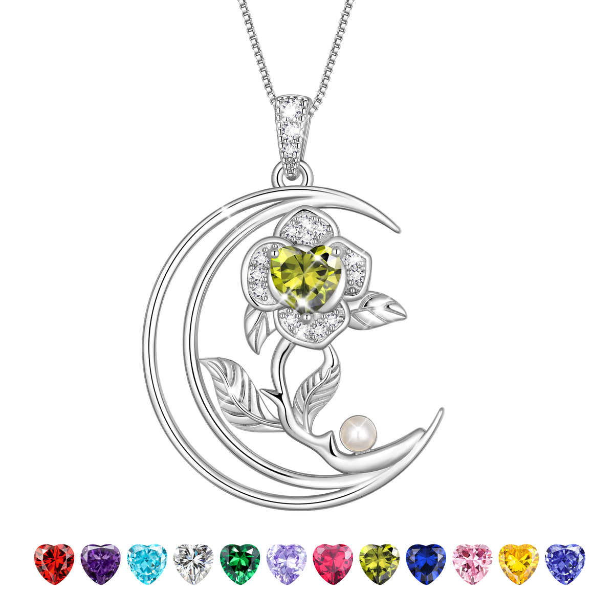 eart Flower Necklace for Women,18K White Gold Plated S925 Sterling Silver Heart Moon Birthstone Pearl Pendant Jewelry Gift for Wife Mom Girlfriend,Birthday Anniversary Gift