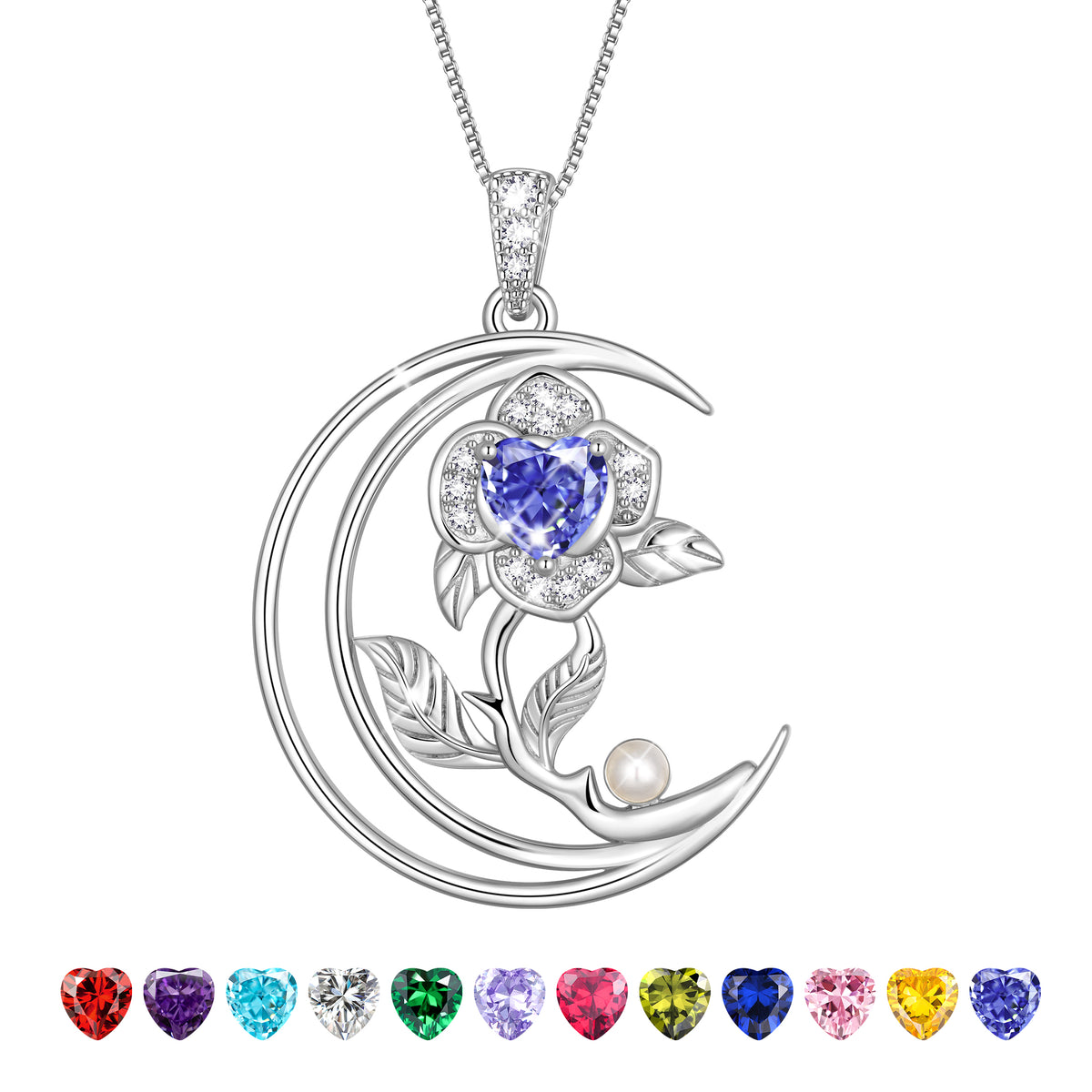 eart Flower Necklace for Women,18K White Gold Plated S925 Sterling Silver Heart Moon Birthstone Pearl Pendant Jewelry Gift for Wife Mom Girlfriend,Birthday Anniversary Gift