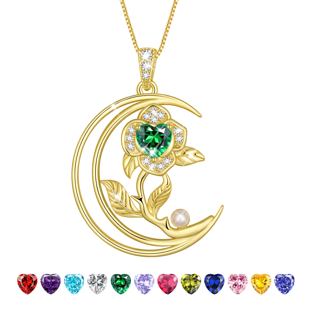 eart Flower Necklace for Women,18K White Gold Plated S925 Sterling Silver Heart Moon Birthstone Pearl Pendant Jewelry Gift for Wife Mom Girlfriend,Birthday Anniversary Gift