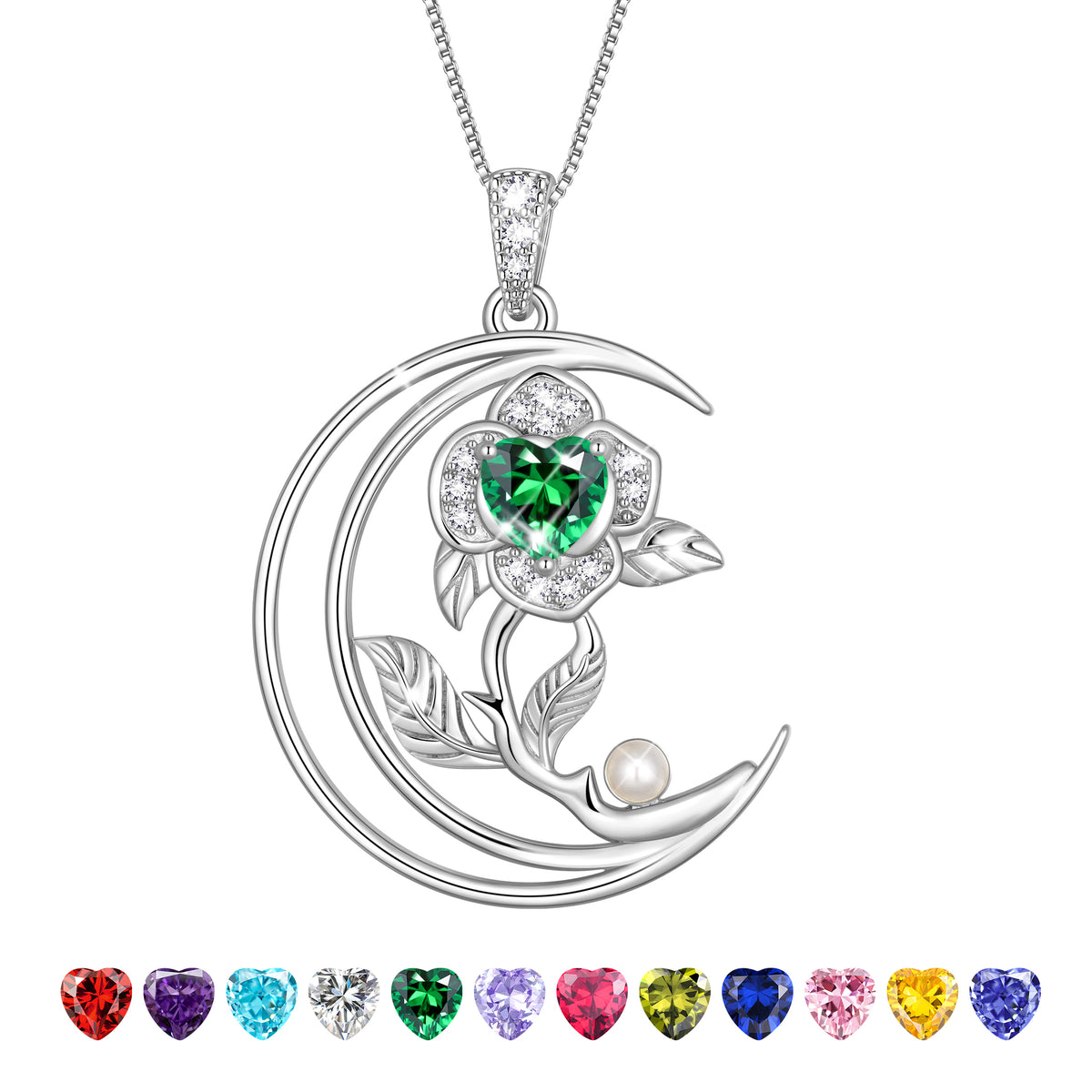 eart Flower Necklace for Women,18K White Gold Plated S925 Sterling Silver Heart Moon Birthstone Pearl Pendant Jewelry Gift for Wife Mom Girlfriend,Birthday Anniversary Gift
