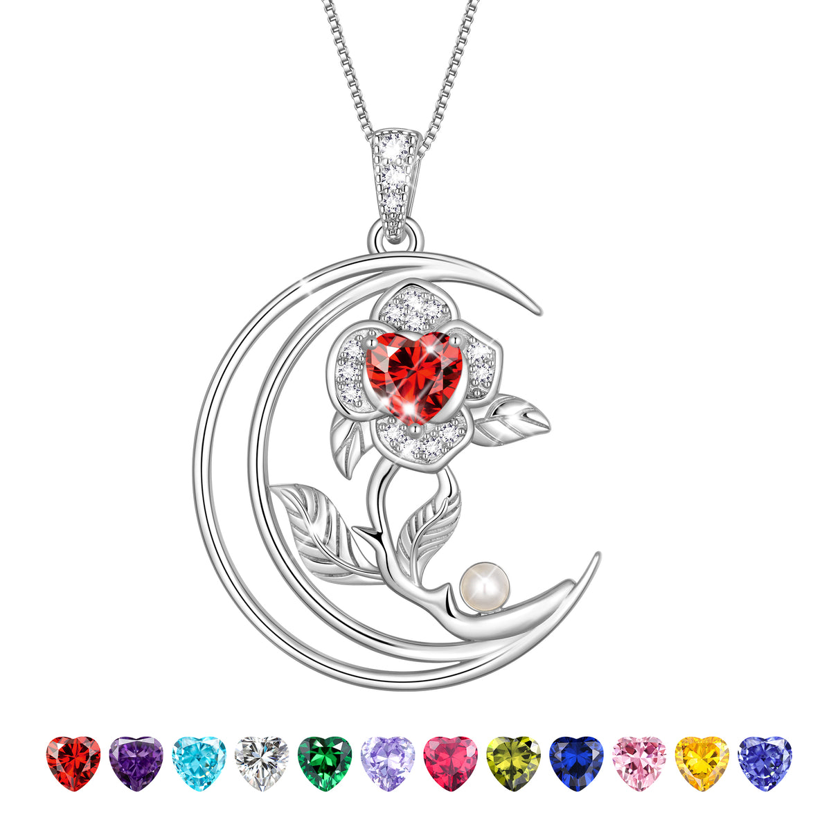 eart Flower Necklace for Women,18K White Gold Plated S925 Sterling Silver Heart Moon Birthstone Pearl Pendant Jewelry Gift for Wife Mom Girlfriend,Birthday Anniversary Gift