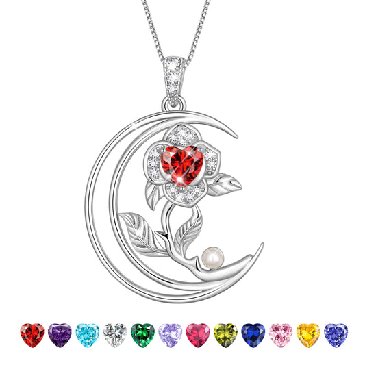eart Flower Necklace for Women,18K White Gold Plated S925 Sterling Silver Heart Moon Birthstone Pearl Pendant Jewelry Gift for Wife Mom Girlfriend,Birthday Anniversary Gift