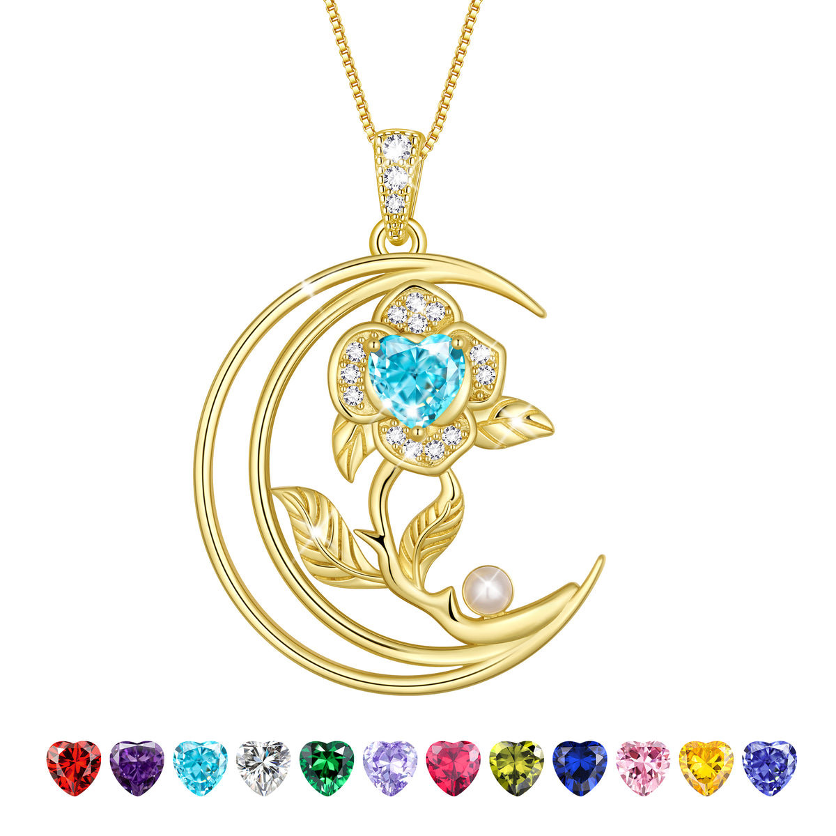 eart Flower Necklace for Women,18K White Gold Plated S925 Sterling Silver Heart Moon Birthstone Pearl Pendant Jewelry Gift for Wife Mom Girlfriend,Birthday Anniversary Gift